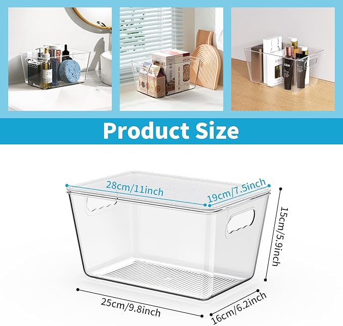 4 Pack Clear Stackable Storage Bins with Lids, Large Plastic Pantry Organizers and Storage Containers for Kitchen Cabinet, Fridge, Closet, Bathroom - BPA-Free Home Organization Must Haves