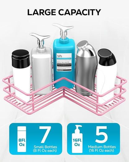 Nieifi Adhesive Corner Shower Caddy Shelf Basket Rack with Hooks, Rust Proof Stainless Steel Bathroom Shelf Shampoo Holder No Drilling (Pink)