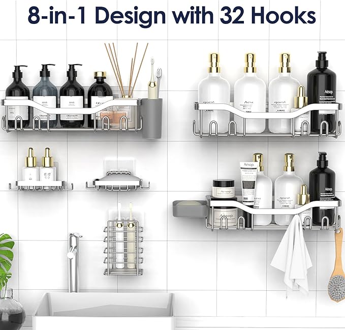 NESOMI Shower Caddy Adhesive Shower Organizer 8-Pack, Rustproof Stainless Steel Bathroom Shelves, Large Capacity No-Drill Rack Storage Accessories with Soap Dish Toothbrush Holder Hooks