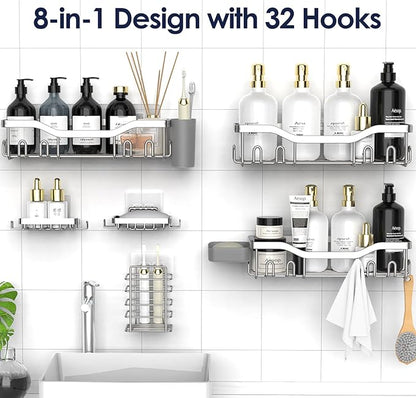 NESOMI Shower Caddy Adhesive Shower Organizer 8-Pack, Rustproof Stainless Steel Bathroom Shelves, Large Capacity No-Drill Rack Storage Accessories with Soap Dish Toothbrush Holder Hooks