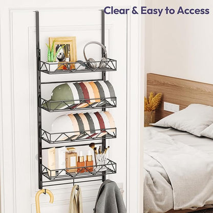 SWTYMIKI Over Door Hat Organizer - 5 Tier Wall Mounted Hat Rack with 4 Adjustable Metal Basket and 3 Hooks, Hanging Baseball Cap Organizer Storage Holds up to 49 Caps for Door, Bedroom, Closet