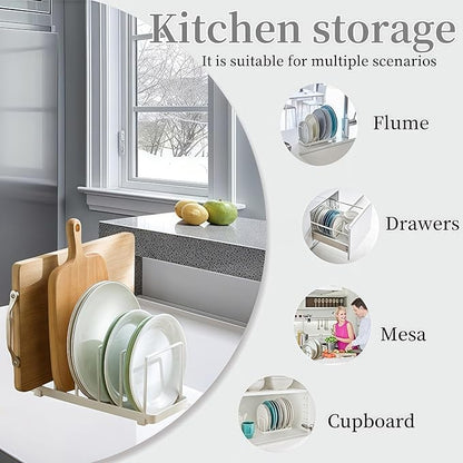 Cutting board organizer Dish rack Pot Lid Organizer for Bakeware, Dish Plate, Cutting Boards, Pots & Pans, Drying Rack Storage Holder Organizer for Kitchen Cabinet/Sink/Kitchen countertops (White)