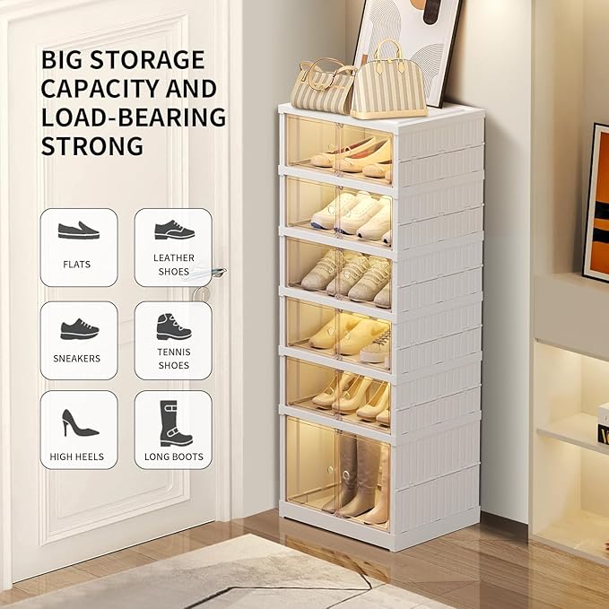 EHAMILY 6 Tier Foldable Shoe Rack Organizer for Closet 6-12Pairs Plastic Collapsible Shoe Racks Shelf Stackable Clear Folding Shoes Storage boxes for Small Spaces Narrow Shoe Storage Cabinet