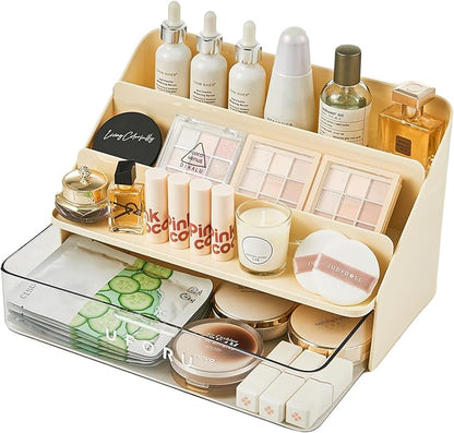 UFORU 3-Tier Display Riser with Large Detachable Drawer, Plastic Storage Shelf, Perfume and Cologne Organizer Stand, Makeup Organizer for Vanity, Bathroom, Office, Cream White