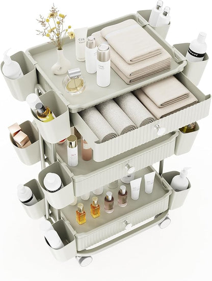 3 Tier Drawer Beauty Cart with 12 Movable Storage Organizer, Thickened ABS & 360° Wheels for Salon Station for Hair Stylist, Beauty Salon, Spa Massage Parlor, Makeup Organizer and More - Beige Gray