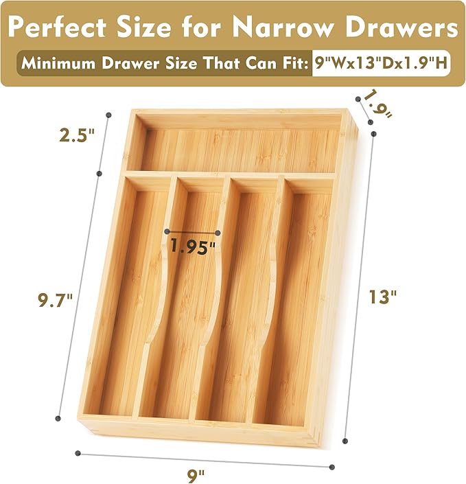 Upassion Bamboo Kitchen Drawer Organizer, 9 Inch Silverware Utensil Holder for Samll Drawer, Narrow Silverware Organizer for Cutlery Knives