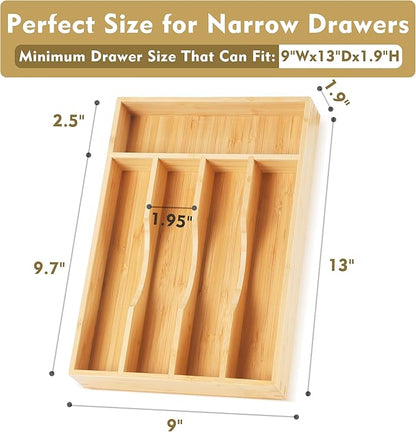 Upassion Bamboo Kitchen Drawer Organizer, 9 Inch Silverware Utensil Holder for Samll Drawer, Narrow Silverware Organizer for Cutlery Knives
