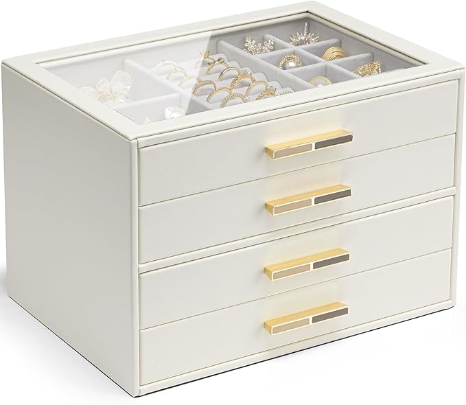 VLANDO 4 Layer Jewelry Box for Women, Glass Lid Jewelry Organizer with 4 Drawers for Necklaces Rings Earrings Bracelets - Cloud White
