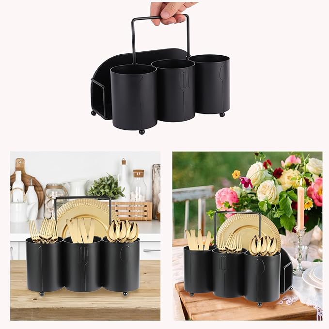 NelyBet Utensil Caddy Silverware Holder Fork Spoon Napkin Paper Plate Organizer Metal Utensil Holder Cutlery Flatware Organizers for Party Kitchen Countertop Camping Picnic - Black