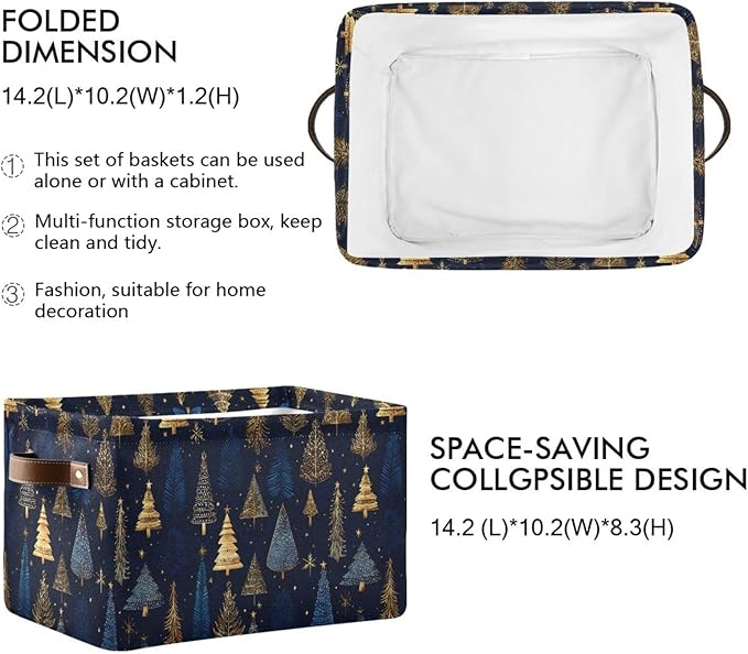 Large Storage Basket Gold Blue Christmas Trees Storage Bin Cube Canvas Fabric Organizer Handles Collapsible for Clothes Toys Bedroom Decorative
