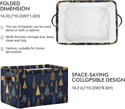 Large Storage Basket Gold Blue Christmas Trees Storage Bin Cube Canvas Fabric Organizer Handles Collapsible for Clothes Toys Bedroom Decorative
