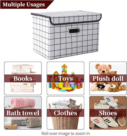 STOREONE Fabric Storage Cube Bins Foldable Organizer Container Collapsible Basket with Lids and Metal Handles, for Home, Bedroom, Closet 3 Pcs (White grid)
