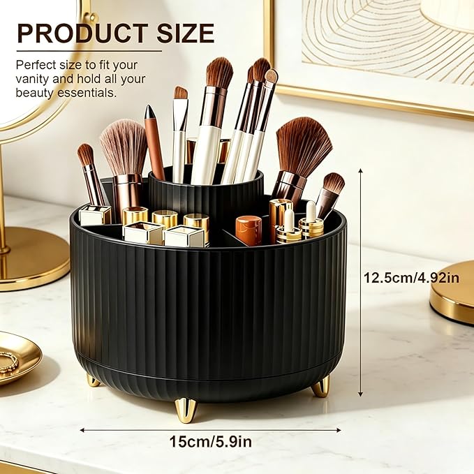 360° Rotating Makeup Brush Holder for Vanity, Elegant Black Makeup Organizer for Bathroom Countertop, Skincare & Cosmetic Storage Case