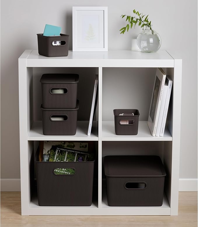 Decorative Plastic Basket Lidded Home Storage Bins Organizer Baskets, Large Brown (1 Pack - 15 Liter) Stackable Container Box, for Organizing Closet Storage Bins for Shelves - Ribbed Collection
