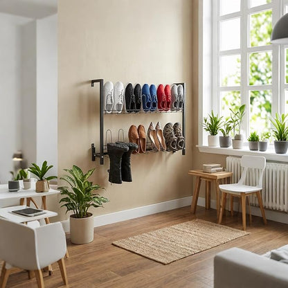 Gdrasuya10 Metal Wall Mounted Shoe Rack, 3-Tier Premium Black Metal Hanging Wall Shoe Organizer for Closet & Entryway, Door Shoe Storage Hanger Shoe Holder, Holds 9 Pairs
