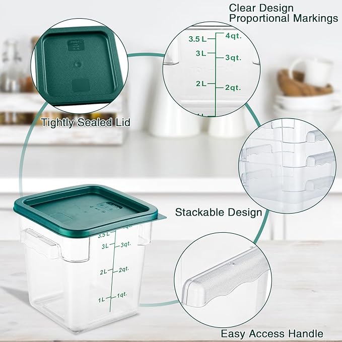 4 Pack 4QT Food Storage Containers with Green Lids, Clear Square Restaurant Commercial Food Storage Containers with Handle and Scale, Marinating Container Dough Rising Bucket for Home & Dining