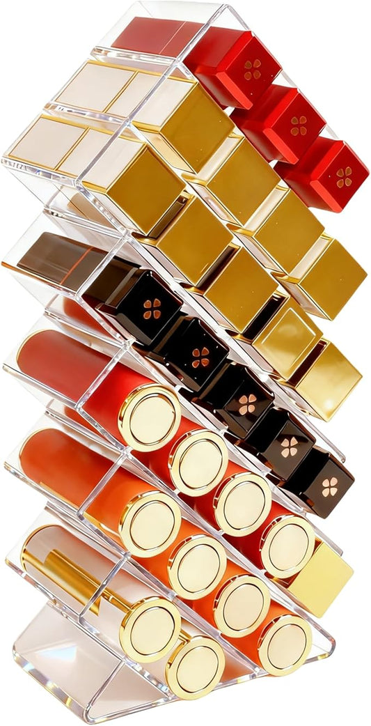 Nimiah Lipstick Organizer Holder 28-Slots - Stackable Clear Fish Shape Lipstick Tower for Vanity, Countertop, Desktop - Space-Saving Storage Holder for Lip Gloss, Makeup Brushes