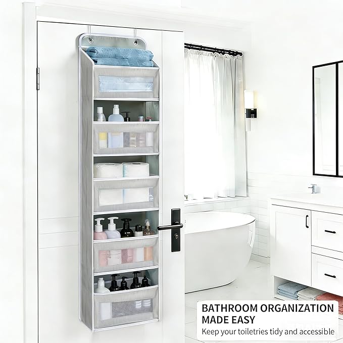 Over The Door Storage Organizer - 5 Shelf Hanging Organizer with 10 Side Pockets, 48 lbs Load Capacity (Anti-Tilt, Clear Windows & Hooks) for Bathroom, Bedroom, Kitchen,Nursery (Black, 1 Pack)