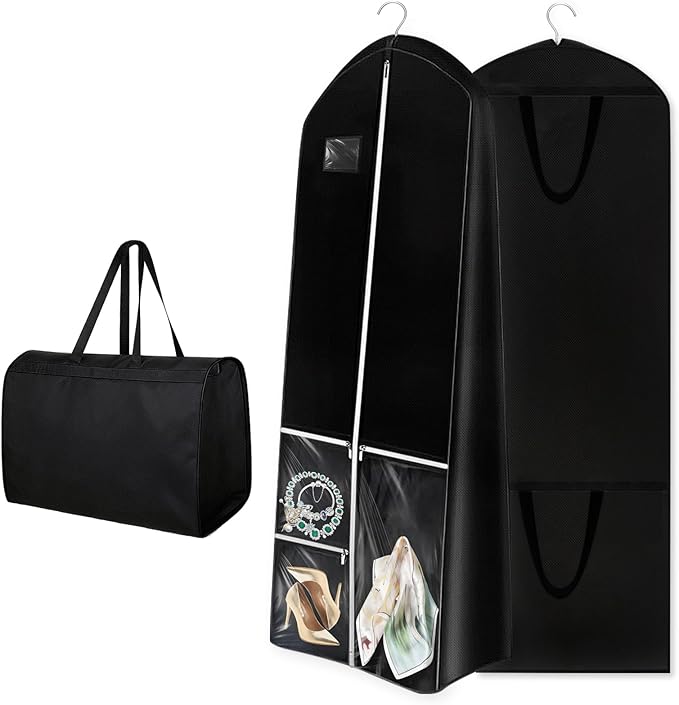 Dress Garment Bags, Long Garment Bags for Travel, 70’' Wedding Dress Cover with Handle, Foldable Clothing Bag with Pockets and Zippers, Black, 180 cm