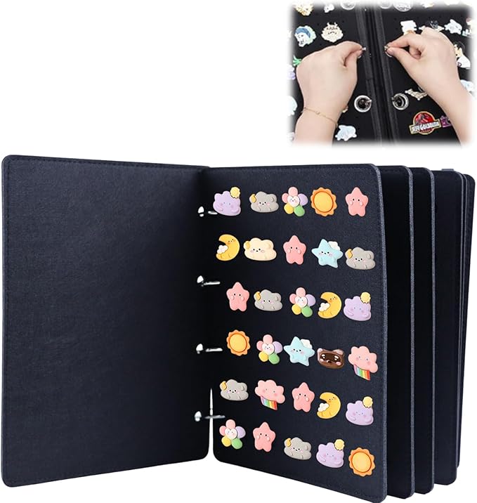 Shoe Charms Organizer, Hanging Shoe Charm Display Holder with 180 Holes 6 Enameled Pin Pages and 2 Front and Back Pages DIY Wall Mounted Portable Shoe Decor Charms Display Stand (Black)