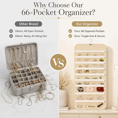 Cabilock 66 Pockets Hanging Jewelry Organizer, Double Sided Zippered Earring Holder with Clear Pockets, Space Saving Necklace Bracelet Ring Storage Bag for Closet, Door, Wall and Travel, Beige 1pcs
