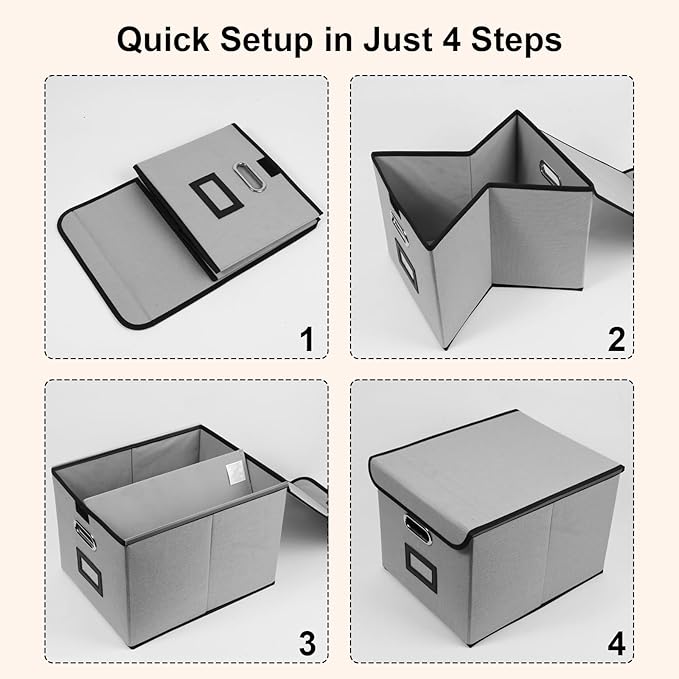 File Storage Box with Lid, 15.55x12.87x10.43 Inches, Foldable Organizer with Handles & Label Slot, for File Storage, Home, Office, and Closet Organization(4 Packs, Grey)