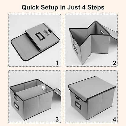 File Storage Box with Lid, 15.55x12.87x10.43 Inches, Foldable Organizer with Handles & Label Slot, for File Storage, Home, Office, and Closet Organization(4 Packs, Grey)