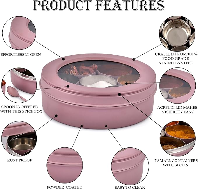 Elan 7 Compartment Multipurpose Air-Tight Stainless Steel See-Through Round Colorful Spice Box/Popula Dabba with Lid and Spoon | Mauve, (1500 ml)