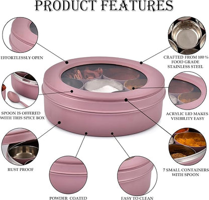 Elan 7 Compartment Multipurpose Air-Tight Stainless Steel See-Through Round Colorful Spice Box/Popula Dabba with Lid and Spoon | Mauve, (1500 ml)