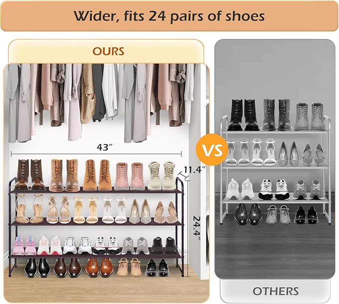 MISSLO Long 3 Tier Shoe Rack for Closet Shoe Organizer Storage Stackable Wide Shoe Shelf Holds 24 Pairs of Men Sneakers, Women Heels, Boots, Brown