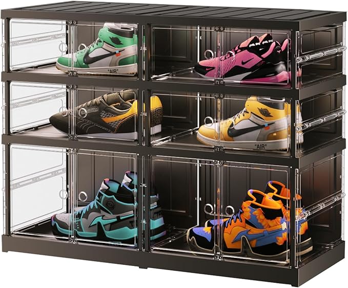 EHAMILY 3 Tiers 6-12 Pairs Foldable Shoe Rack for Closet Plastic Stackable Shoe Boxes for Garage Collapsible Shoes Shelf with Doors Storage Organizer Cabinet Quick Assembly,Black