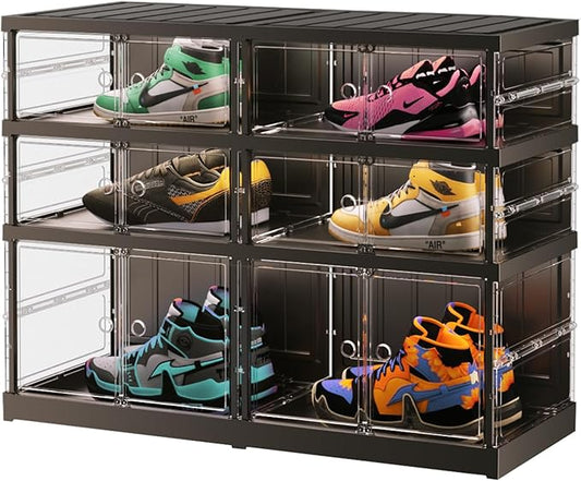 EHAMILY 3 Tiers 6-12 Pairs Foldable Shoe Rack for Closet Plastic Stackable Shoe Boxes for Garage Collapsible Shoes Shelf with Doors Storage Organizer Cabinet Quick Assembly,Black