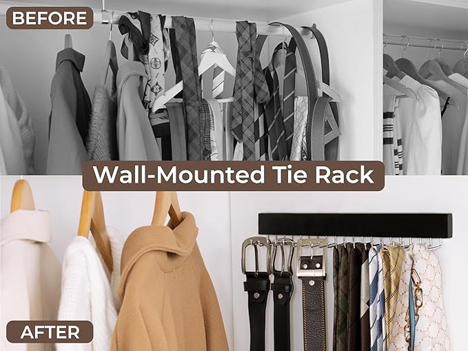 StorageWorks Tie Rack with 20 Hooks, 2-Pack Wall-Mounted Wooden Hangers for Neckties, Belts, Hats, Black
