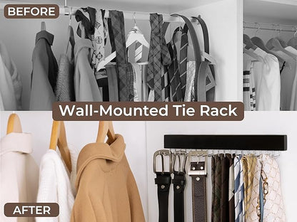 StorageWorks Tie Rack with 20 Hooks, 2-Pack Wall-Mounted Wooden Hangers for Neckties, Belts, Hats, Black