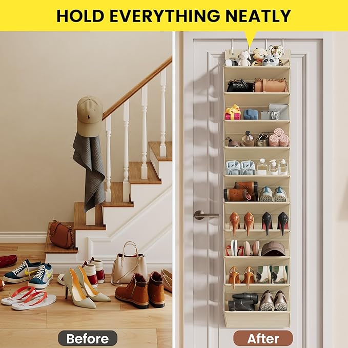 20-25 Pairs Over the Door Shoe Organizer, Clear Pockets Shoe Rack for Closet Door, 10-Tier Hanging Shoe Rack for Boots, Behind the Door Shoe Holder Fit All the Family's Sneakers, Boots, Heels, Beige