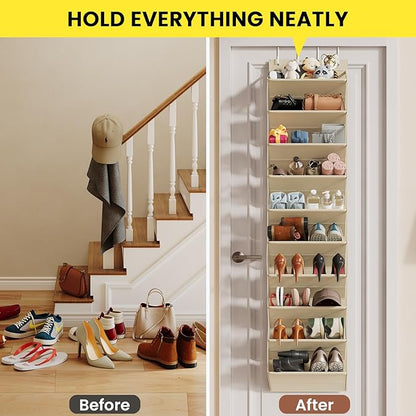 20-25 Pairs Over the Door Shoe Organizer, Clear Pockets Shoe Rack for Closet Door, 10-Tier Hanging Shoe Rack for Boots, Behind the Door Shoe Holder Fit All the Family's Sneakers, Boots, Heels, Beige