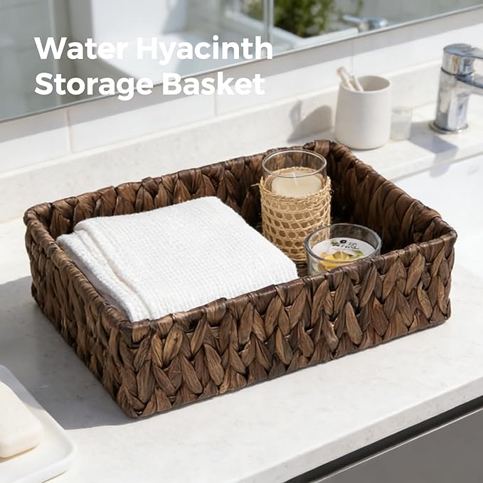 Wicker Storage Baskets Set of 3, Handwoven Water Hyacinth Baskets for Organizing, Large and Small Wicker Baskets Set, Decorative Natural Woven Baskets 3Pack for Pantry Shelves, Dark Brown