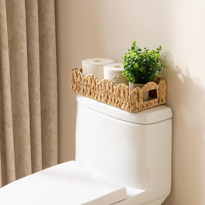 YANGQIHOME Toilet Paper Basket, Water Hyacinth Toilet Tank Basket for Storage, Scalloped Baskets for Bathroom Decor Bedroom Nursery Room Kitchen