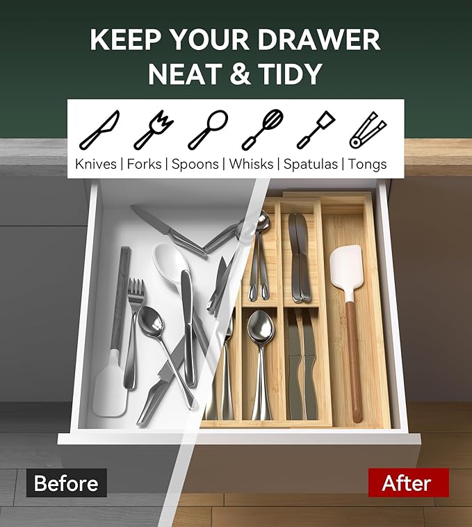 Expandable Silverware Organizer, Utensil Drawer Organizer & Cutlery Tray Dividers for Spoons Forks Knives (10 Slot,Natural Bamboo), 10.6”-16" Wx16.7”Dx1.97”H