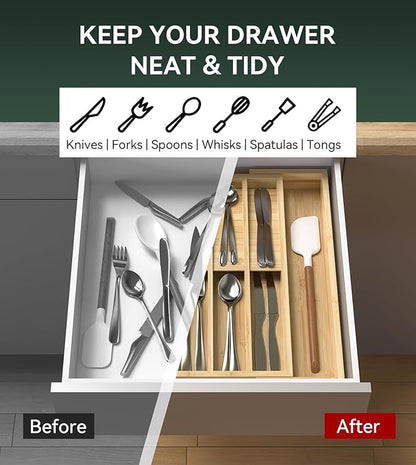 Expandable Silverware Organizer, Utensil Drawer Organizer & Cutlery Tray Dividers for Spoons Forks Knives (10 Slot,Natural Bamboo), 10.6”-16" Wx16.7”Dx1.97”H