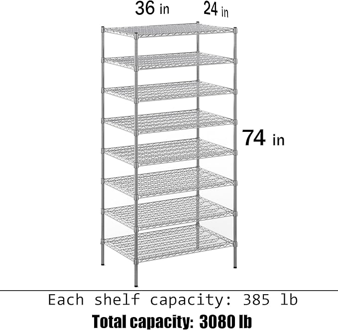24" Deep x 36" Wide x 74" Height Wire Shelving Kit | 8-Tier | NSF Commercial Storage Rack Unit