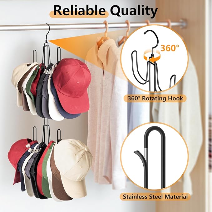 NANATI Hat Hangers for Closet, Stainless Steel Hat Organizer, Hat Racks for Baseball Caps, Cap Organizer for Baseball Caps, 2 Pack