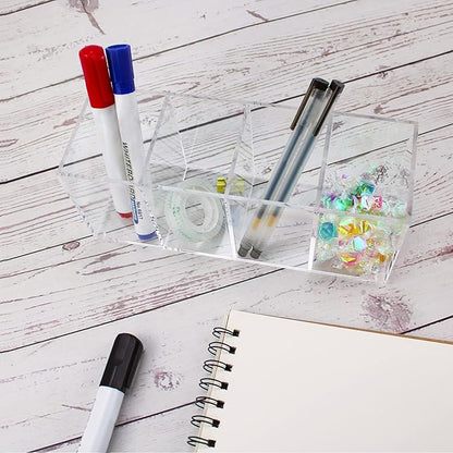 QPEY Large Acrylic Pen Holder 4 Compartments,Clear Pen Holder Organizer Makeup Brush Holder for Office Desk Accessories,Cosmetic Brush Storage Box,Dorm,Bathroom,Kitchen (Clear)