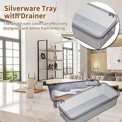 2PCS Silverware Organizer with Lid, Silverware Tray with Drainer Kitchen Cutlery Tray and Utensil Storage Container to Keeps Your Cutlery Organized (Grey)