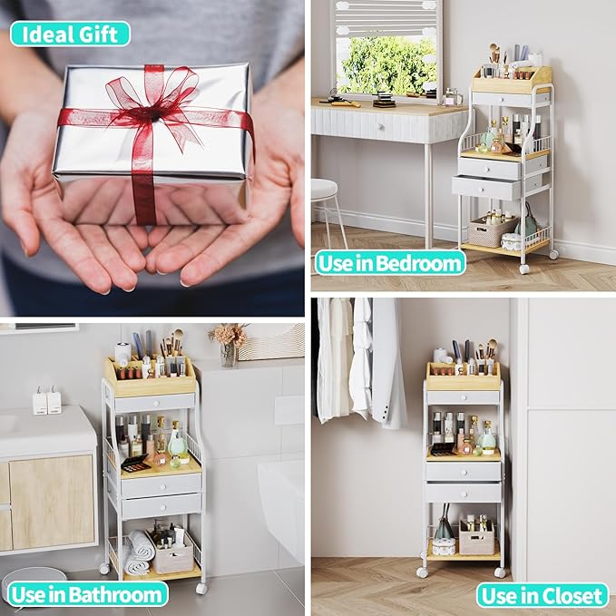 HapiRm Floor Makeup Organizer Cart - Vanity Skincare Beauty Organizers Makeup Storage with Drawers, Cosmetics Display Cases Holder Nail Cart for Hair Accessories Polish Perfume Make up Brush