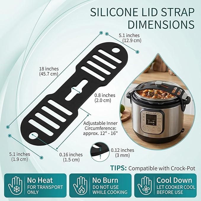 Silicone Lid Latch Strap for Slow Cooker and Pots - Universal Lock Band Compatible with Crockpot, Reusable Heavy Duty Pot Cover Securing Tie for No-Spill Travel, Heat Resistant, Black