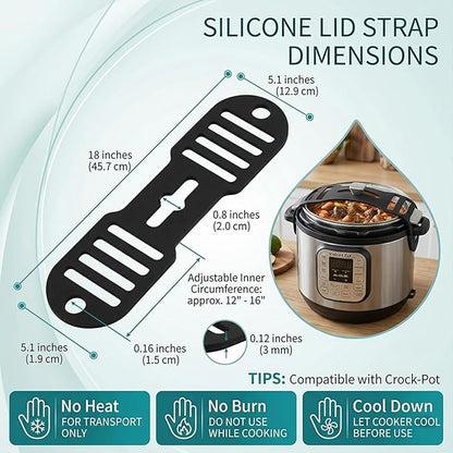 Silicone Lid Latch Strap for Slow Cooker and Pots - Universal Lock Band Compatible with Crockpot, Reusable Heavy Duty Pot Cover Securing Tie for No-Spill Travel, Heat Resistant, Black