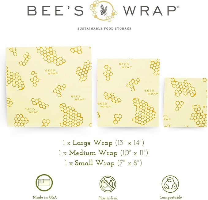 Bee's Wrap Beeswax Wraps for Food - 3 Pack of Assorted Beeswax Wraps - Small, Medium & Large Wrap - Plastic Free Made in USA Reusable Natural Food Wrap - Honeycomb Print