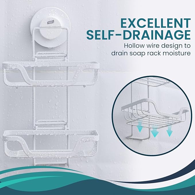 TAILI Double Layer Soap Holder, Bar Soap Dish Suction Cup for Shower Wall, Draining Saver Tray for Bathroom, Rustproof Stainless Steel Sponge Holder for Tub, Kitchen, Drill-Free, White