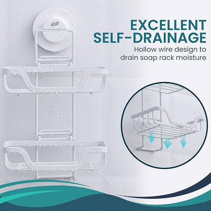 TAILI Double Layer Soap Holder, Bar Soap Dish Suction Cup for Shower Wall, Draining Saver Tray for Bathroom, Rustproof Stainless Steel Sponge Holder for Tub, Kitchen, Drill-Free, White